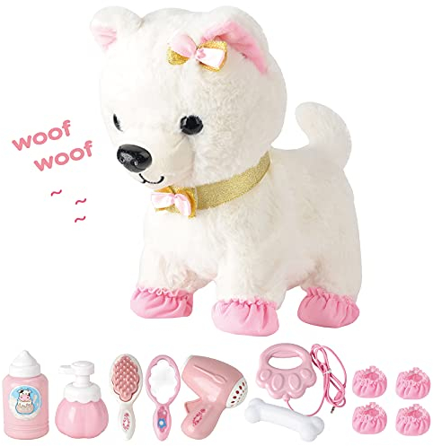 RuiDaXiang Chien électronique pour Animaux de Compagnie avec Laisse et Accessoires à Distance,Marche, Aboiements,Animaux en Peluche Interactifs,Filles de 3-6 Ans (Blanc)