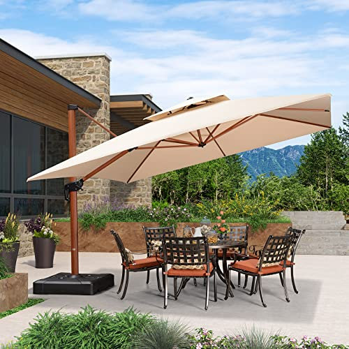 PURPLE LEAF Parasol Déporté Inclinable 3,65 x 3,65 m, Grain de Bois en Aluminium Parasol De Jardin Extérieur Toit à Double Rotatif 360°, Parasol Terrasse Extérieur XXL, Beige