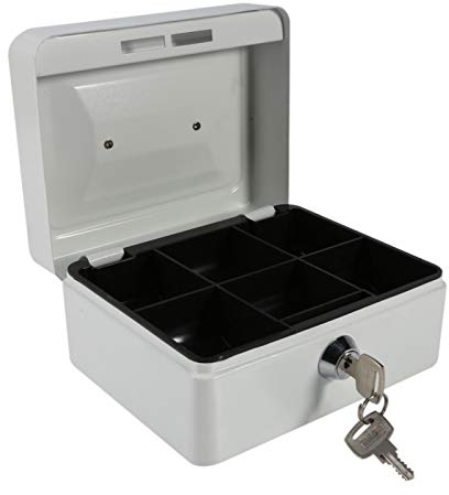 Cashier Caja Caudales con Llave, Fuerte Portatil Asa Maletín Llave para Contar y Transportar Dinero de Seguridad Acero Bandeja Organizador Monedas Clips Billetes Acero Bandeja Organizador Gris