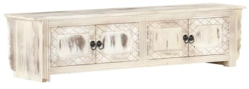 vidaXL Meuble TV Armoire Basse Meuble Divertissement Meuble Multimédia avec 4 Portes Salon Maison Blanc 140x30x35 cm Bois Massif de Manguier