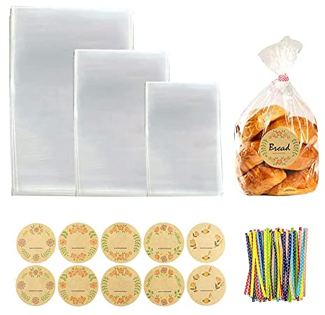 UYUYong 150 Stück Cellophantüten Klar Sicherheit Bonbontüte Transparent mit 150 Bändern Etiketten 3 Größe Klar Zellophantüten für Geburtstag Party Süßigkeiten Kekse Snacks