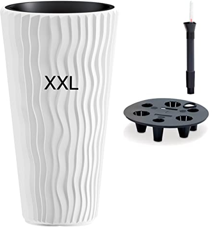 Maceta con sistema de riego, aspecto de onda vertical, efecto 3D, en color blanco, XXL: 34 x 61 cm