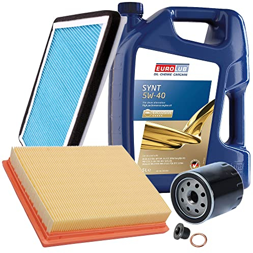BESTPRICE Inspektionspaket Filterset mit 1x Ölfilter; 1x Luftfilter; 1x Innenraumfilter; 1x Ölablassschraube; 1x Motoröl 5W-40 SYNT SAE 5 l, KOMPATIBEL MIT - PEUGEOT 206 Schrägheck (2A/C)