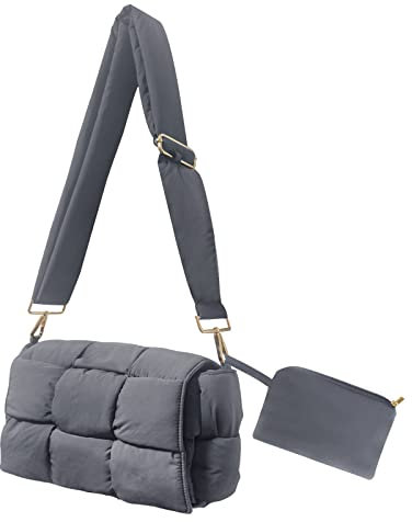 NAARIIAN Gewebte Schultertasche, gepolsterte Kassetten-Handtasche mit Münzen-Organizer, Nylon, leicht, Damen-Umhängetasche, GRAU