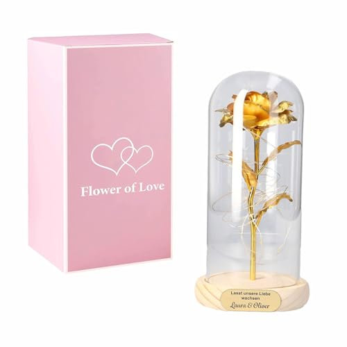 Smyla Personalisierte LED Ewige Gold Rose Ich Liebe Dich Geschenk - with You - Künstliche Blumen im Glasdom mit Gravur für Paare, Valentinstag, Jahrestag