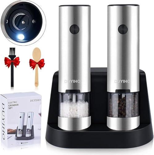 Duyiho Rechargeable Electric Salt and Pepper Grinder Set with Double Charging Base, Refillable Automatic Black Peppercorn & Sea Salt Spice Mill Shakers Set with Adjustable Coarseness & LED Light