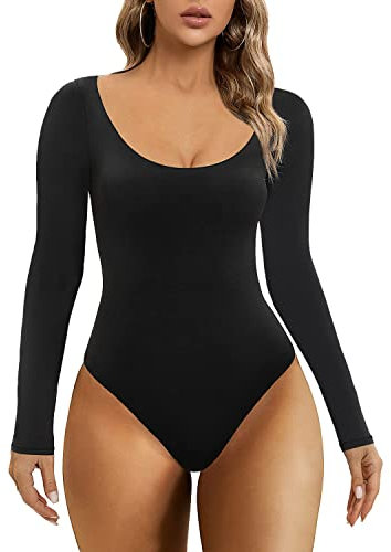 SHAPERX Body Donna Manica Lunga Bodysuit Elasticità Elevata Scollo Rotondo Leotard Perizonma Tatto Seconda Pelle Jumpsuit Elegante, UK-SZ5260-Black-XL
