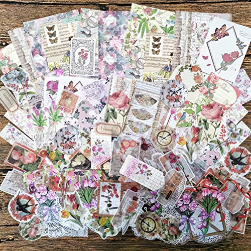 Scrapbooking Zubehör 100 Stück Vintage stickers set journaling zubehör Aufkleber Mädchen Stickers Aesthetic,Bullet Journal Sticker für Fotoalbum,Scrapbooking,Laptop (flowers)