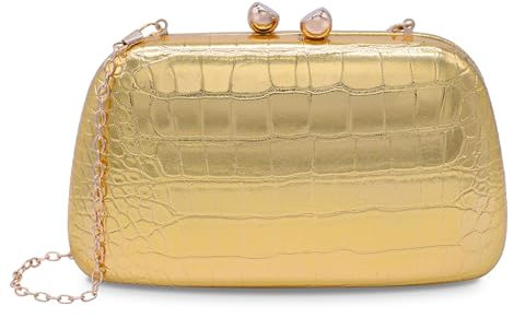 bwszrosa Damen-Clutch, Abendtasche, Umhängetasche aus PU mit Krokodilprägung in Metallic-Optik (Gold)