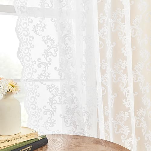 Lot de 2 rideaux blancs transparents en dentelle, motif floral victorien, pour cuisine, café, filtre la lumière, décoration de petite fenêtre style vintage pour placard, buanderie, l 132 x L 114 cm