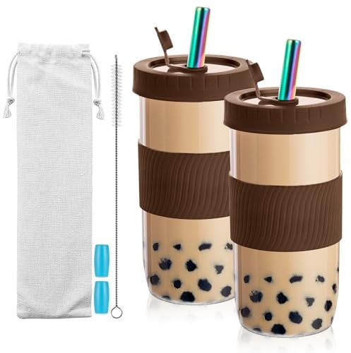 Dyserbuy Bubble Tea Cup, 2 Pack Smoothie Cup, 730ml Iced Coffee Cup, Glass Cups with Lids and Straws, Reusable Glass Tumbler with Silicone Sleeve, Straw Brush, Brown