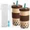 Dyserbuy Bubble Tea Cup, 2 Pack Smoothie Cup, 730ml Iced Coffee Cup, Glass Cups with Lids and Straws, Reusable Glass Tumbler with Silicone Sleeve, Straw Brush, Brown