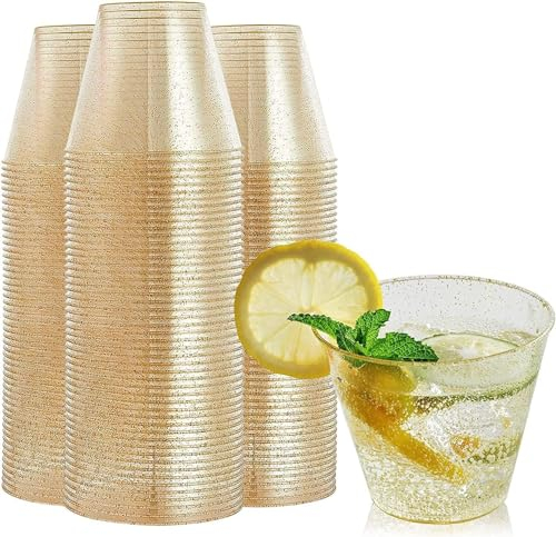 ELSKA 25 Bicchieri Di Plastica Con Glitter Dorate (270ml / 9oz) - Eleganti Bicchieri Rigida Riutilizzabile Con Paillettes - Bicchieri Monouso Per Matrimonio, Festa Di Natale, Festa Per Vino Cocktail