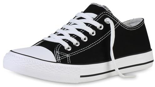 VAN HILL Damen Sneaker Low Bequeme Schnürer Flache Basic Schuhe Freizeit Stoffschuhe Schnürschuhe 203885 Schwarz Weiss 39