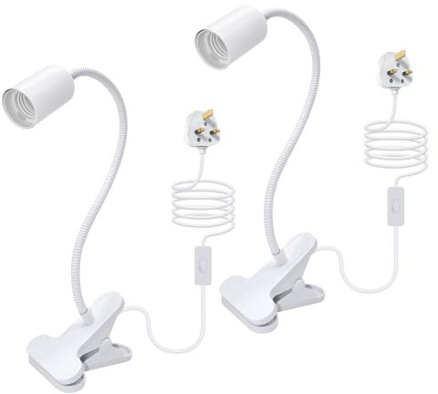 2 Pack Clamp Light Bulb Holder Clip on Light Socket with 240CM Cable Flexible Gooseneck Clip on Desk Light Clip Lamp Holder with On/Off Switch Bedside Spotlight Light Reading Light for Bed Office