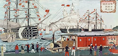Leinwandposter ohne Rahmen, 58 x 90 cm, Commodore Perry's Gift of a Railway to the in, von Utagawa Hiroshige