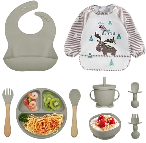 Vajilla de Bebé Silicona, 10 piezas Juegos de vajilla infantil, Cubiertos con plato ventosa, Tenedor con mango de madera, Babero Set (9 pezzi - Grigio)