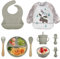 Vajilla de Bebé Silicona, 10 piezas Juegos de vajilla infantil, Cubiertos con plato ventosa, Tenedor con mango de madera, Babero Set (9 pezzi - Grigio)