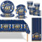 Juego de vajilla de cumpleaños azul marino y dorado, juego de vajilla desechable de feliz cumpleaños, platos de papel, vasos, servilletas, mantel y pancarta para él, regalos de cumpleaños, suministros