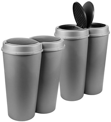 SUSTANIA Lot de 2 poubelles grises de 50 l avec couvercle coulissant noir Ø 25 cm x H 68 cm - Grande poubelle en plastique pour la cuisine et le bureau - Poubelle anti-odeurs avec couvercle rond -