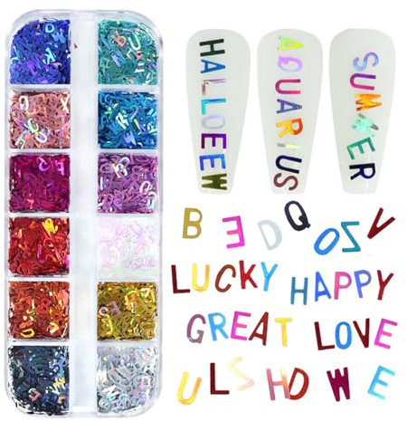 English Letter Nail Art Glitter Sequins,1Box 12Grids Iridescent Laser Alphabet Nail Flakes for Nail Art,Sequins Resin Fillers Nail Glitter for Nail Art Design Decorations DIY Crafts (Colorful Letters)