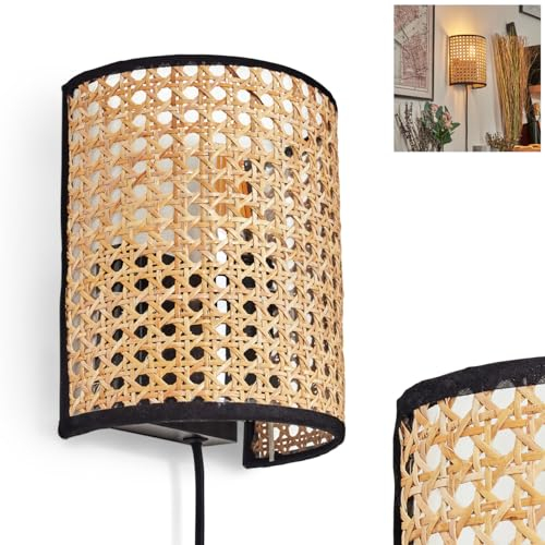 Wandleuchte Abedim, Wandlampe aus Metall/Wiener Geflecht/Rattan in Schwarz/Natur, Wandleuchte im Boho-Design mit Stecker und Schalter, abnehmbares Kabel, UP&Down Lichteffekt, 1x E27, ohne Leuchtmittel