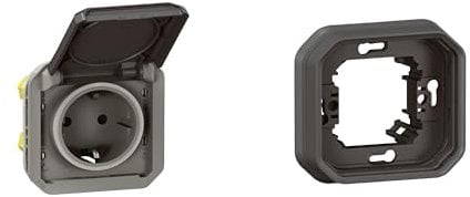 LEGRAND, Plexo New Set, Einsatz Feuchtraum-Steckdose, Berührungsschutz, inkl. Klappdeckel, Steckklemmen, 16A, 250V, IP44 - IK08 & 1-fach Feuchtraum-Unterputz-Tragrahmen, Anthrazit, 069571L & 069606L