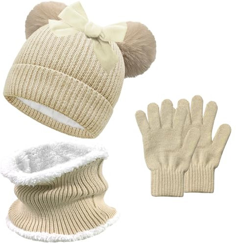 JFAN 3in1 Gorro de Punto Invierno Térmico para Bebe con Guantes y Bufanda Sombrero de Invierno para Niña con Bonito Lazo Forro Algodón Niños Set Beanie Gorro 0-3 Años,Beige