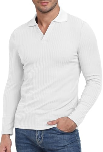 AIYINO Long Sleeve t Shirt Mens V Neck Rib Knit Casual Plain Polo Top | Stretchy poly elastane fabric, anti pilling non deform, ribbed cuffs, slim fit, golf office wear, S XXL sizes, nice men gift