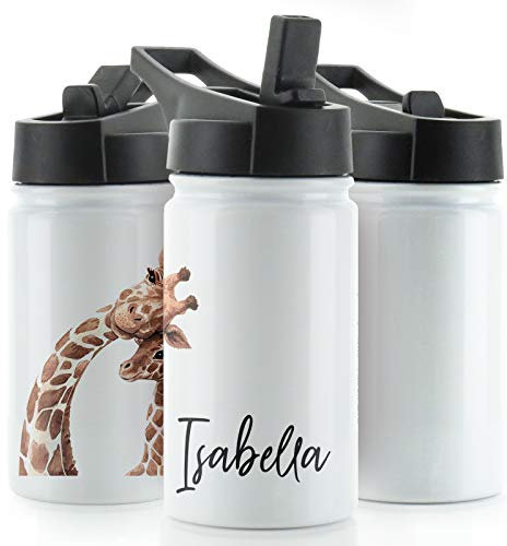 Hairyworm Personalised Water Bottle, 350ml White Sports Flask with Straw Cap Flip Lid, Stainless Steel, Customised with Initial/Name, Mother and Baby Giraffe Design Print, Giraffe Water Bottle