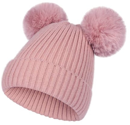 NATUST Kind Wintermütze Mädchen Kunstfell Bommelmütze Warme Strickmütze mit Zwei Bommeln Rosa