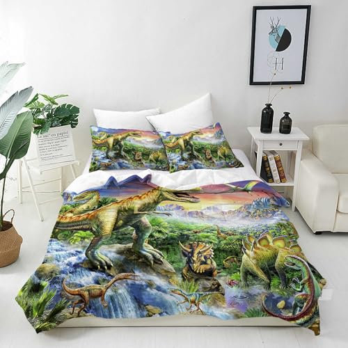 ANHOPE Dinosaurier Bettwäsche Set 2 Teilig Dschungel Tier Dinosaurier Bettbezug 135x200 cm + Kissenbezug 80x80 cm Weich Microfaser Bettbezüge mit Reißverschluss Ganzjahres Bettdeckenbezug Set