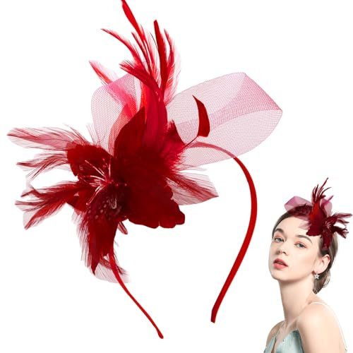 Prom Stirnband Retro Teeparty Fascinator Hut Hut Stirnband Faux Flowers Feather Mesh Hair Accessories Wedding Hochzeiten Partys für Mädchen und Frauen (Rot)