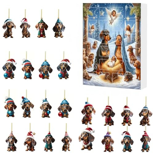 Dackel Adventskalender 2024, 24pcs 2D Acryl Wurst Hund Weihnachtsbaum Dekorationen, Weihnachten Hängende Ornament Wiener Hund, 24 Tage Weihnachten Countdown Dachs Hund für Weihnachtsbaum Tür Fenster