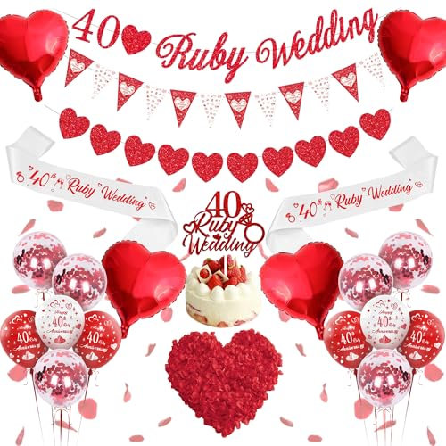40th Ruby Wedding Anniversary Decorations - 27Pcs Red 40 Ruby Anniversary Banner Heart Foil Balloons Latex Balloon Cake Topper Rose Petals For Valentine Wedding Party Decor Supplies