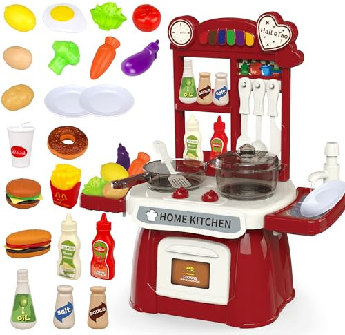 Kitchen Toys Imitated Chef Light Music Pretend Cooking Food Play Dinnerware Set Children Girl Toy Kitchen Sink with Running Water and Electronic Induction Stove (red kitchen)
