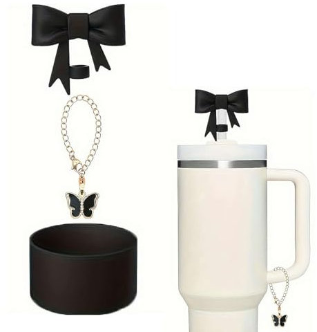 3Pcs Bow Accessories for Stanley Cup 30oz 40oz - Decorations, Cute Straw Cover, Cap, Silicone Boot, Handle Charm (Black)