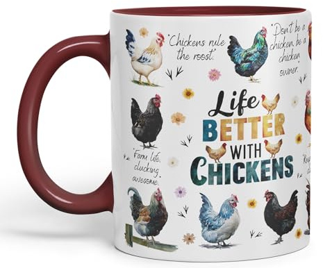 Vixar Life Better with Chickens Joke sarkasm Sarcastic Ceramic Coloured Mug Cup for Tea Coffee Hot Brew 330ml 11Oz Gift (Maroon)