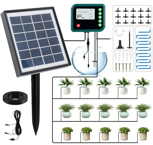 Sistema de riego solar para jardín, balcón, sistema de riego automático, sistema de riego por goteo con 12 temporizadores y manguera de 15 m para jardín, balcón, plantas en macetas al aire libre