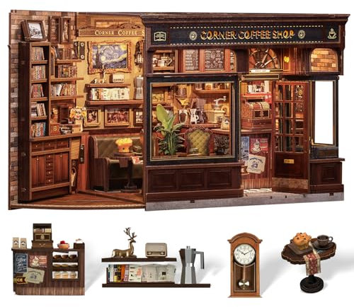 Cutefun Book Nook Kit LED-Beleuchtung & Staubschutzhülle - DIY Miniature House Holzmodell Puppenhaus- 3D Holz Puzzle Bibliothek für Erwachsene und Jugendliche(Corner Coffee Shop)
