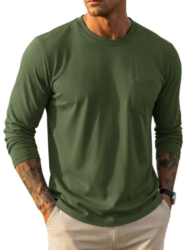 MAGCOMSEN Men's Long Sleeve T-Shirts Cotton Crew Neck Breathable Top | Casual T-Shirt with Pocket, Moisture-Wicking, Lightweight, Plain Colour