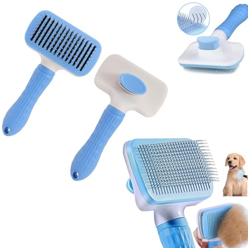 Selbstreinigende Hundebürste Katzenbürste, Ergonomisches Design, Weiche Borsten, m, für Große und Kleine Hunde, Katzen (hellblau)