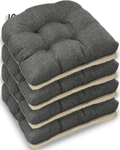 Casabella Chair pads - Dining Chairs Cushion - 4 Pc Cushions 45x45+8cm Non Slip Backing Chairpads - Tufted Seat pads With Ties - Durable & Soft Cushions for Kitchen, Garden - Grey