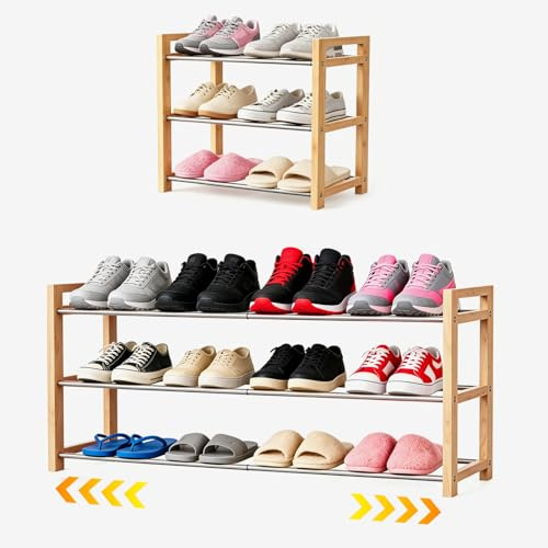 LEMIKKLE Schuhregal Holz Eiche 3-stöckig, Erweiterbar Mit Edelstahl-Elementen, Ideal Für Enge Räume, Eingänge & Garagen