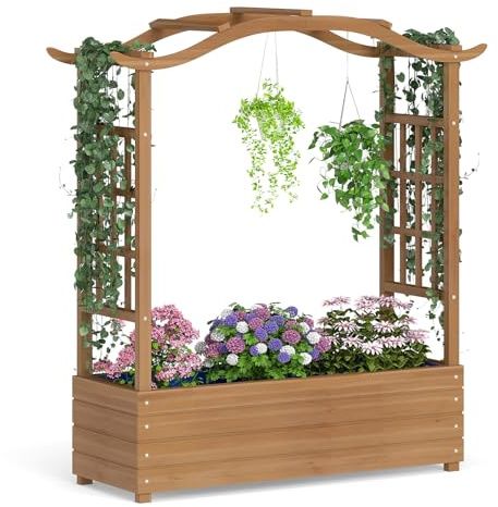 RELAX4LIFE Jardinière Surélevée avec Treillis Latéral & Supérieur, Jardiniere sur Pied avec Treillis en Bois, Trous de Drainage, Potager Extérieur pour Plantes Grimpantes