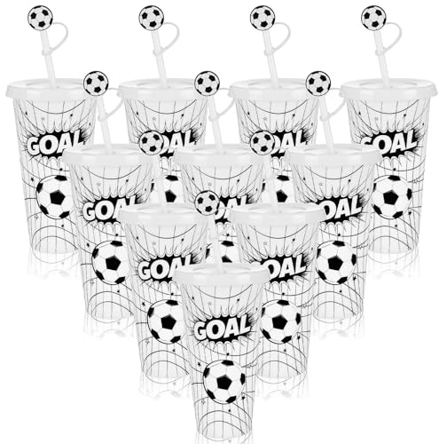 CNSJ 10 Pcs 24 Oz Plastic Football Cups Reusable Tumbler with Lid and Straw Soccer Birthday Party Gifts Travel Drinking Cup for Coach Fan Men Women Sports Game Team Favours