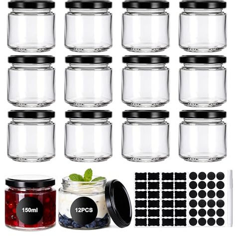 Hejo 12er Set Marmeladengläser Klein, 150ml Einmachgläser mit Schraubdeckel | Klare Schraubgläser mit Deckel, Luftdicht & Spülmaschinenfest – Ideal für Marmelade, Honig, Joghurt, Gewürze & Snacks