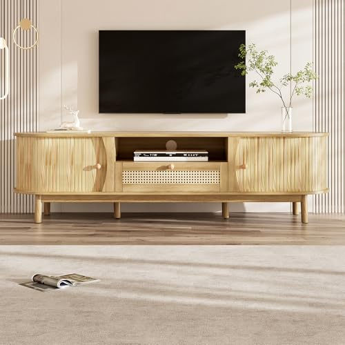 Terahanda Mueble de TV con puertas y cajones. Mueble de TV de ratán, puertas de madera maciza, solución de almacenamiento de estilo rústico, panel frontal bajo (natura)