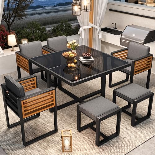 Arhatreya Salon de jardin et salle à manger pour 6 personnes - Ensemble canapé de jardin avec table et plateau en verre, 6 chaises - Meubles de terrasse et de balcon