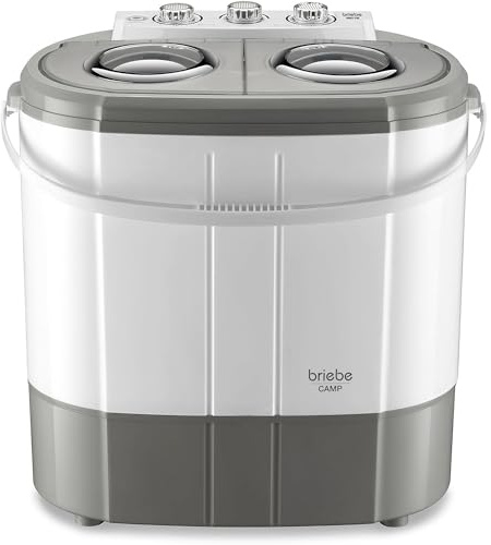 briebe Camp Mini-Waschmaschine, Tragbar, mit Schleuder, Camping, Kapazität 3 kg, Ideal für Reisen, Wohnwagen, Wohnmobile, Kleine mit 2 Fächern, Geringer Wasser- und Energieverbrauch, Grau/Weiß